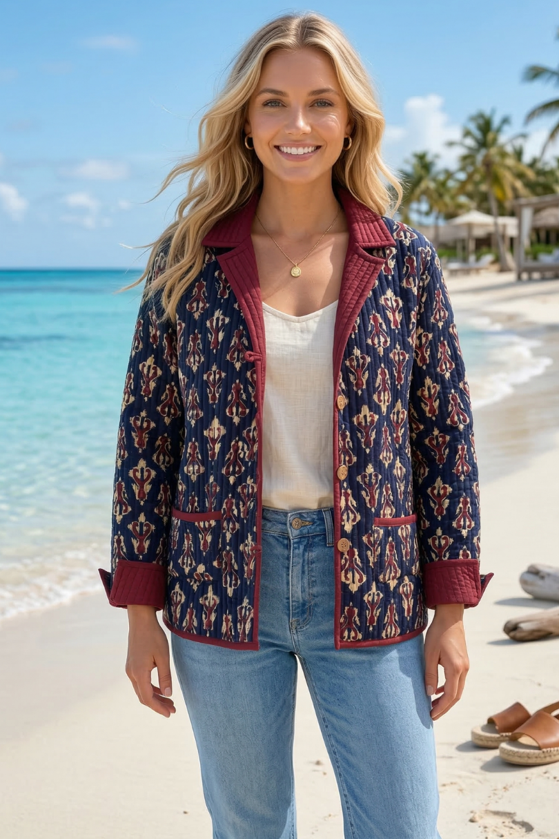 girl on beach wearing quilted coat with white shirt and jeans