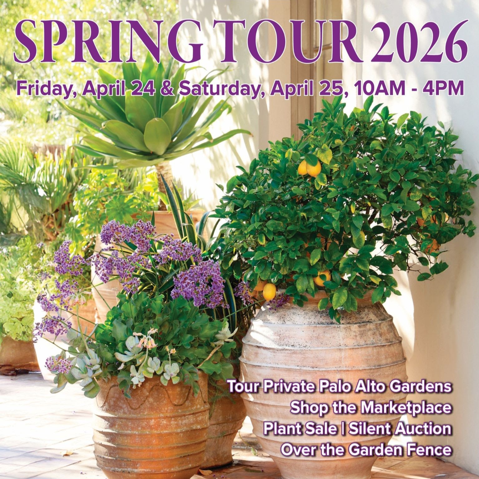 Spring Tour 2026 poster featuring brightly colored plants in terracotta pots