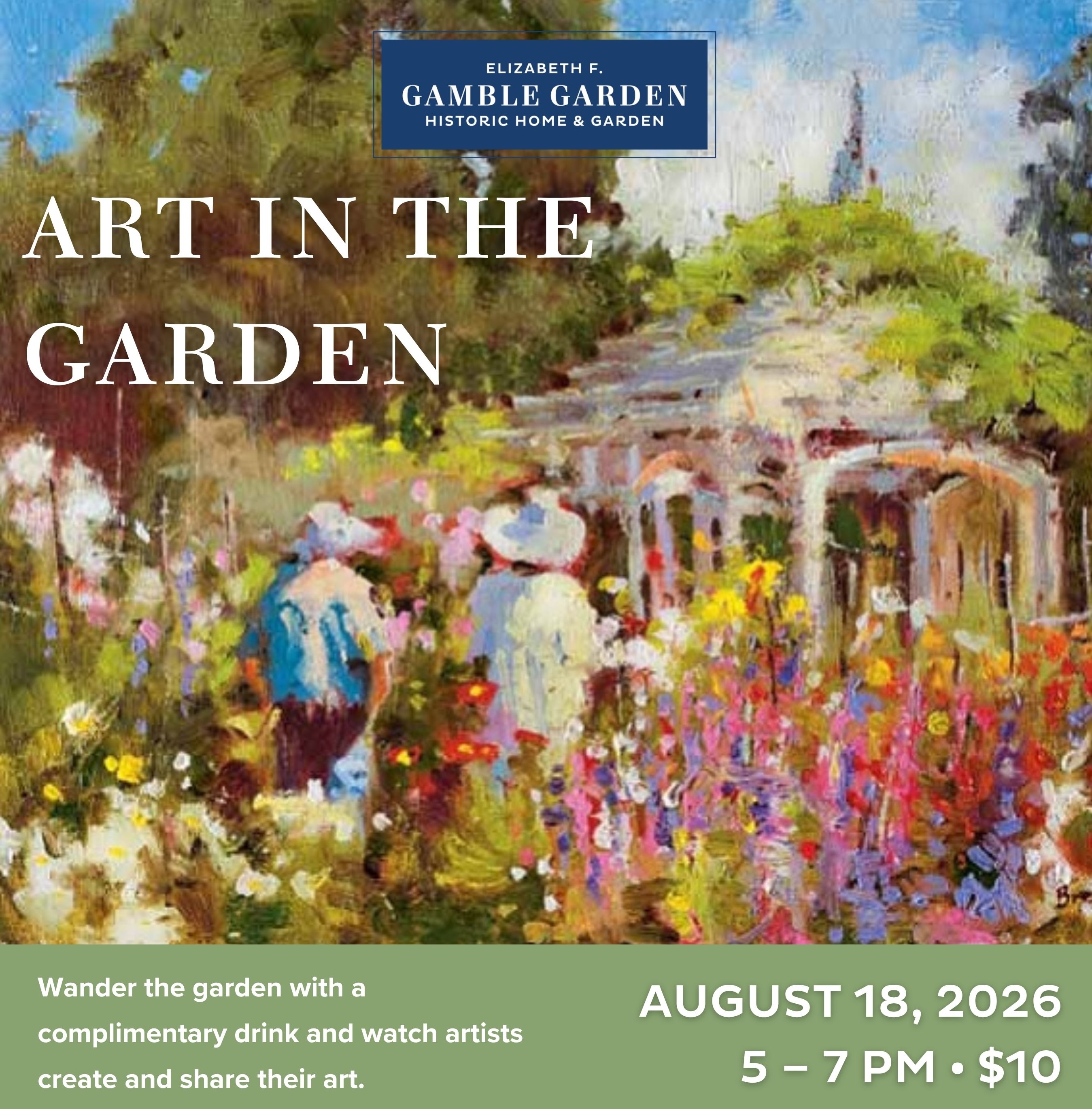Watercolor painting of a couple standing by the Gazebo at Gamble Garden