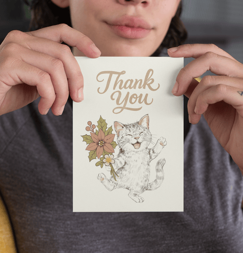 woman holding a Thank You card with a cat printed on it, card by Krupa Paranjape