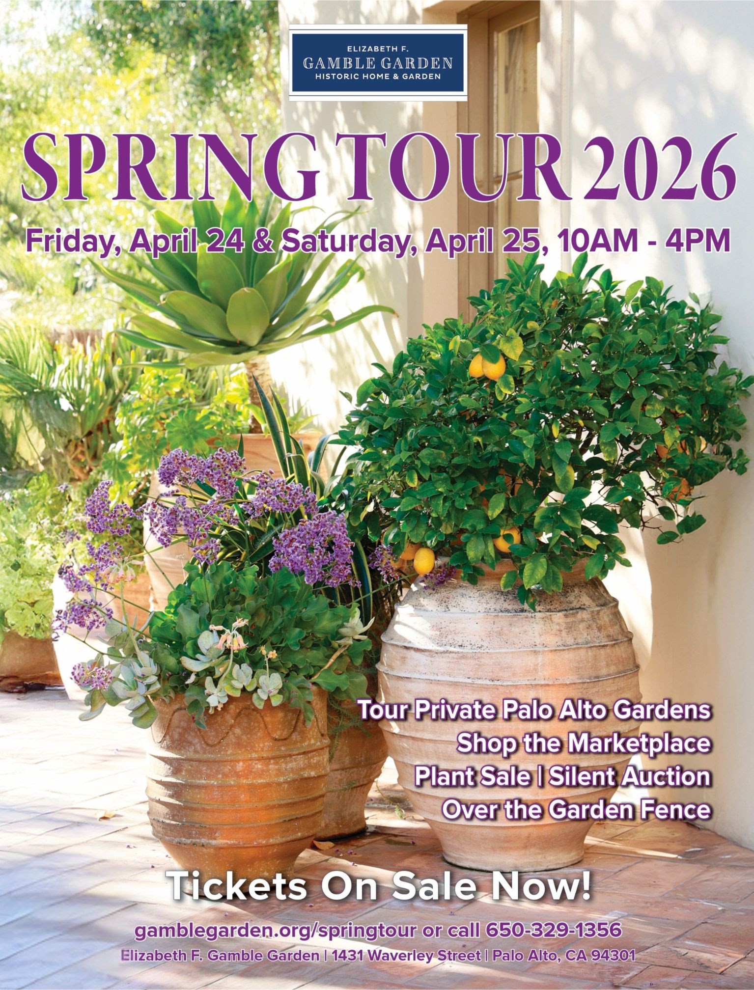 Spring Tour 2026 poster featuring brightly colored plants in terracotta pots
