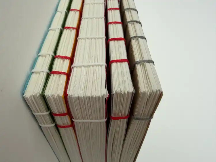 journals handbound with white and red thread